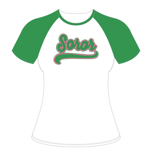 Camiseta Blanca 08 con Mangas Raglán para Hermandad Griega, Camiseta Rosa y Verde para Mujer, Estilo Universitario, Casual, Ecológica, para Verano - Product Image 5