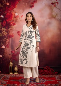 Conjunto de Kurti de diseño Floral blanco para mujer, ropa informal de tendencia, trabajo bordado hasta la rodilla, Kurtis de moda cosido Natural - Product Image 3