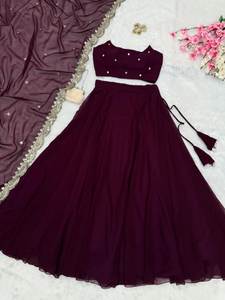 Launching Designer Wine colour Georgette Lehenga Choli & Dupatta Set with Pearl Work Embellissement for Women's Party Wear - Product Image 2