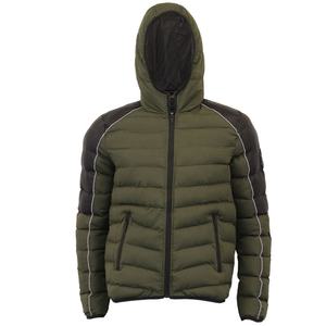 Veste matelassée à capuche pour homme, vert olive, avec accents noirs, fermeture éclair coupe-vent, vêtements d'hiver décontractés - Product Image 1