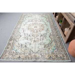 Tapis Vintage en Laine Turque 5.7 X 9.3ft Vert Beige Plat Tissage Patchwork Motif pour Salon Couloir Décor avec Support en Latex - Product Image 1