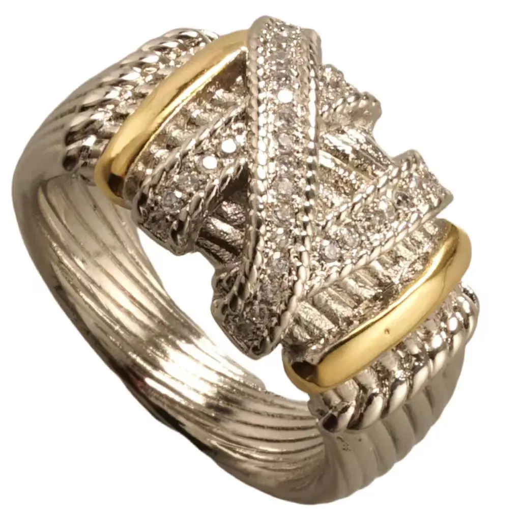 K1734K Terlaris Cincin 2 Tone Berlapis Emas dengan Pave Pernikahan Hip Pop Zing Cincin Paduan untuk Wanita