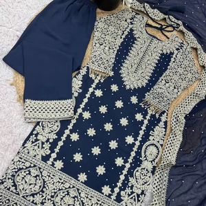 Designer Silk Party Wear <b>Top</b>-Bottom and Dupatta Set with Heavy Embroidery and Sequence Work Wrinkle Free - Product Image 1