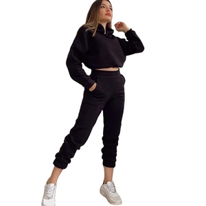 Ensemble survêtement de fitness pour femmes, vêtements de sport personnalisés, pantalons de survêtement chauds à manches longues, haut court décontracté, sweats à capuche d'entraînement - Product Image 1