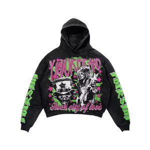 Sweat à capuche Streetwear vintage pour hommes, coton imprimé, coupe boxy, imprimé à l'acide, sweatshirts personnalisés noirs avec techniques brodées - Product Image 5