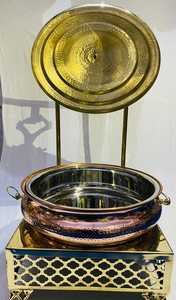 Buffet de qualité supérieure décoratif fantaisie doré luxe suspendu rouleau haut martelé dôme couvercle à charnière chauffe-plats - Product Image 2