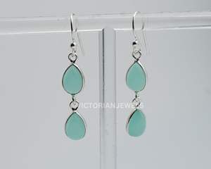 925 argent sterling massif Aqua calcédoine mai mois pierre de naissance deux pierres crochet boucle d'oreille - Product Image 2