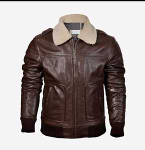 Blouson d'aviateur d'hiver de qualité supérieure pour hommes en cuir d'agneau marron véritable avec col en Sherpa amovible et fermeture à glissière Style formel - Product Image 1