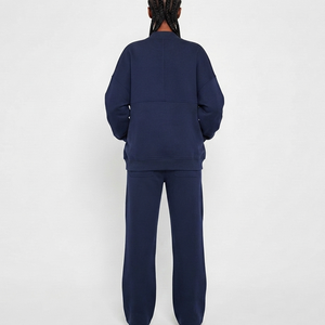 Ensemble de survêtement unisexe bleu marine personnalisé, coupe ample, avec sweat à capuche zippé et pantalon de jogging en molleton épais, vente en gros - Product Image 5