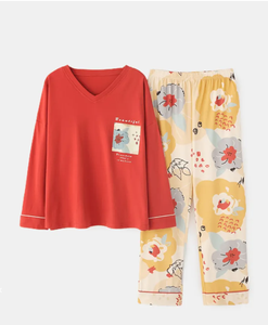 Conjunto de pijama holgado informal de manga larga con cuello personalizado y estampado de letras florales para mujer de talla grande - Product Image 4