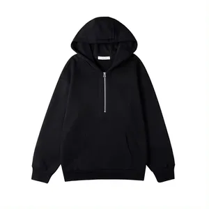 Wholesale 400gsm Fleece Quarter Zipper up No Drawstring Black Cotton made Men Quarter Zipper up Hoodies solid color's