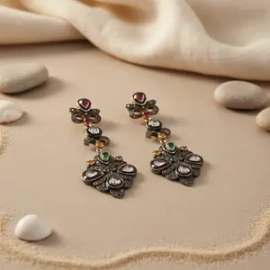 Boucles d'oreilles pendantes vintage plaquées or avec rubis, émeraude et diamant, boucles d'oreilles géométriques à perles pour femmes, pour mariages et fêtes - Product Image 3