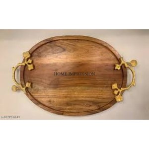 Plateau en bois de mangue de forme ronde avec aluminium moulé argent et blanc couleur fleurs Designer poignées Table pièce maîtresse fournitures - Product Image 3