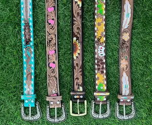 New Arrival Genuine Leather Western Hand Tooled And Hand Painted Floral Belts Real Handmade Tooled Leather Unisex Waist Belts