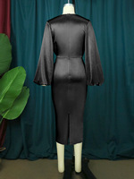 Robe de soirée moulante mi-longue en satin américain à col rond et manches lanternes pour femme