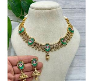 Ensemble collier et boucles d'oreilles en or plaqué de qualité supérieure, orné de pierres précieuses Kundan Polki Rajwadi, pour femmes, tenue de mariage traditionnelle - Product Image 1