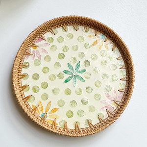 Bandeja de servicio de tejido de ratán redonda de buen precio de alta calidad con bandeja de café decorativa con incrustaciones de nácar de Vietnam - Product Image 4