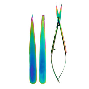 OEM Wholesale Professional Precision Eyebrow Tweezers Scissors Set 3-Piece Premium <b>Rainbow</b> Finish Faux Leather Case Eco-Friendly - Product Image 1