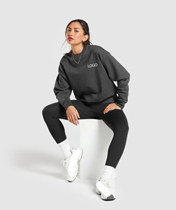 Women's Oversized Crewneck <b>Sweatshirt</b> 100% Cotton 350GSM Heavyweight Pullover Long Sleeve Solid Charcoal <b>Grey</b> Streetwear Top - Product Image 4