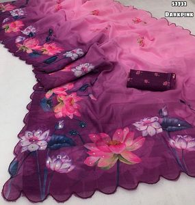 ชุดส่าหรีลายดอกไม้สำหรับผู้หญิง คอลเลคชั่นฤดูร้อน พร้อมงานปักเลื่อมและขอบปักลายม้วน - Product Image 1