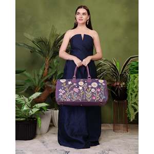 Embroidered Vegan Leather Travel <b>Duffel</b> <b>Bag</b> with Zipper Closure-Eco-Friendly 53x26x20cm Purple - Product Image 2