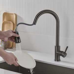 Grifo de Cocina Moderno Fontastock de un Solo Nivel, de Acero Inoxidable y Cerámica, en Forma de C, Contemporáneo, Montado en la Pared, Giratorio, Color Gris - Product Image 1