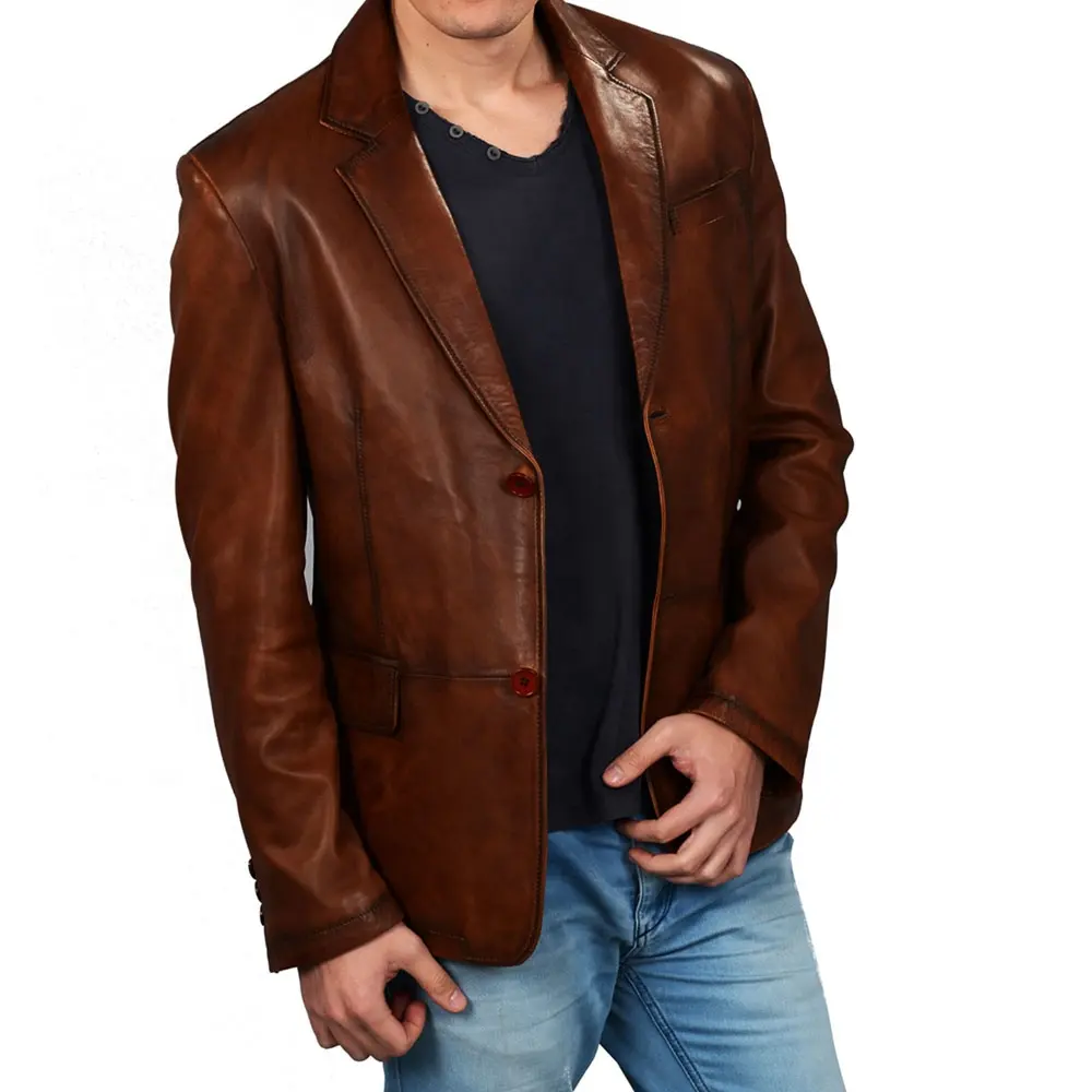 New Super Soft Coat Style Tobacco Mens Leather Jacket Fully Customized With 100% Original Cowhide Front Style Button-up closure