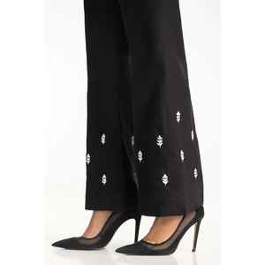 Pantalon noir brodé écologique Khaddar pour l'automne, taille haute et jambe large, IPT-44018 - Product Image 1