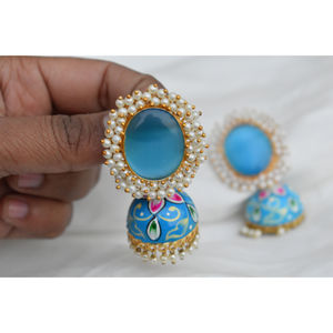 STATEMENT ROUND <b>COLOUR</b> GOLDPLATED DESIGNER HANDPAINTING BIG <b>STONE</b> STUD JHUMKA MATTE FINISHED EARING FOR WOMEN AND GIRLS - Product Image 5