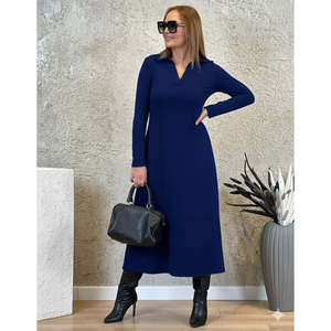 Robe midi en viscose à col et manches longues pour femme, 28778 - Bleu marine - Product Image 3
