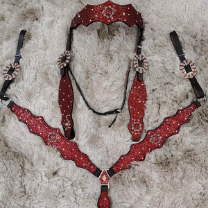 Chaud Rouge Strass Bling Cheval Tack Ensemble Headstall Poitrine Plaque En Cuir Véritable Léger Saisonnier Cheval Débarrasser Équipements - Product Image 1