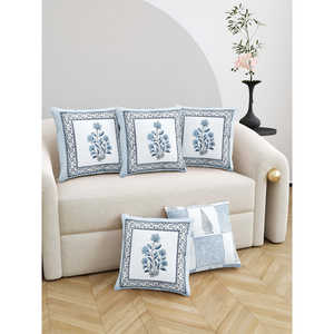 Housse de coussin en coton rose gris imprimé bloc Rajasthani fait à la main ensemble de 5 pièces - Product Image 1