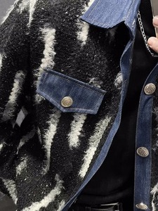 High Street Men's Vintage <b>Jacket</b> Single Breasted Striped Casual Outerwear Coat Spring Autumn Loose Fit <b>Denim</b> Patchwork Outerwear - Product Image 3