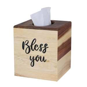 Couverture de boîte à mouchoirs en bois Bless You avec design carré inférieur coulissant pour salle de bain de mariage chambre bureau ou table à manger - Product Image 1