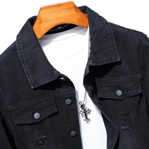 Venta al por mayor Boy Denim Jacket Men Solid Ripped Button up Flap Detail Black Denim Jacket - Product Image 3