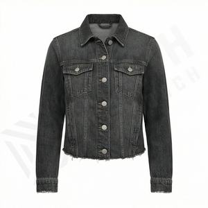 Veste en jean pour femme économique, coupe courte, couleur personnalisée, bords effilochés, boutons audacieux, tendance urbaine, coton uni teint - Product Image 1