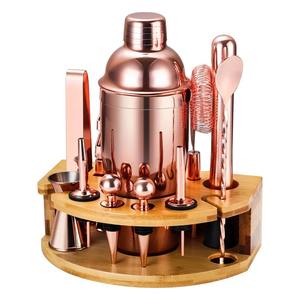 Juego de coctelera de acero inoxidable con elegante base de madera y tapa para bodas y eventos especiales - Product Image 1