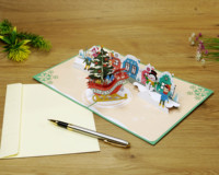 Tarjeta de felicitación navideña 3D con diseño de Papá Noel en trineo y árbol de Navidad
