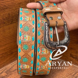 New Handmade Stylish Turquoise Hand <b>Tooled</b> Leather Western <b>Belts</b> Personalized Genuine Leather Floral Design Unisex Waist <b>Belts</b> - Product Image 1