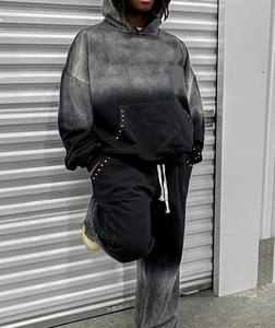 Streetwear personnalisé Boxy Fit Distressed Embroidery Sun Faded Acid Wash Zip up Rhinestone Men Hoodie Ensemble 2 pièces - Product Image 5