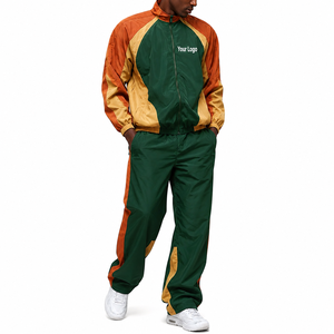 Survêtement unisexe vert et orange imprimé, blocs de couleur, manches longues, fermeture éclair sur le devant, poche, style streetwear sportif, séchage rapide, 100 % nylon - Product Image 3