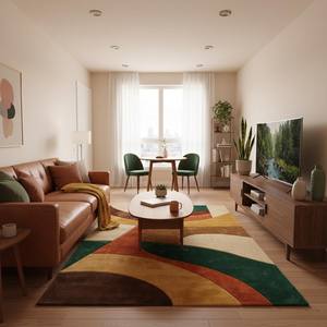 Tapis géométrique coloré |   Tapis de salon rétro moderne à motifs de blocs rouge, jaune, bleu et crème - Product Image 4