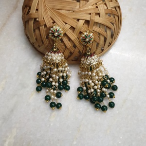 Real <b>Green</b> Pearl Jadau Beaded <b>Earrings</b> - Product Image 5