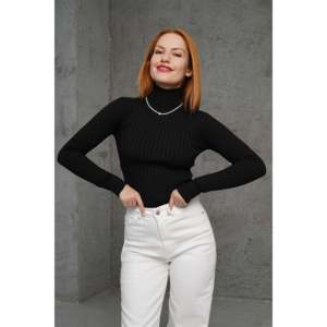 Pull col roulé côtelé noir pour femme Lustrin, vente en gros, avec design détaillé, idéal pour la collection automne-hiver - Product Image 3