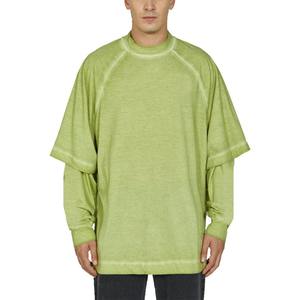Camiseta informal para hombre, transpirable, verde lima, con doble capa, hombro caído, manga larga, Color sólido, 100% algodón, manga larga - Product Image 1