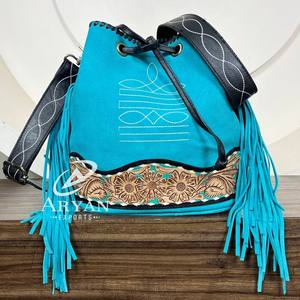 2025 New Fashion Design Women's <b>Boot</b> Stitch Fringe Bucket Bag Hand Tooled Suede Leather Crossbody Shoulder Drawstring Handbags - Product Image 1