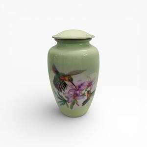 Urne funéraire en céramique verte douce avec colibri et fleurs, œuvre d'art naturelle pour un souvenir serein - Product Image 1