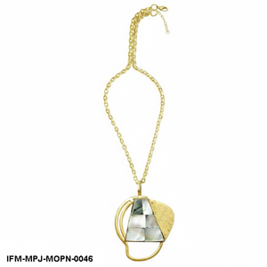 Collier pendentif géométrique en nacre incrustée, bijou fantaisie mosaïque doré abstrait pour femme - Product Image 3