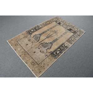 Vintage Turkish Accent Rug 3.4x5.6 ft, <b>Brown</b> Plants & trees Rug <b>Wool</b> - Product Image 4