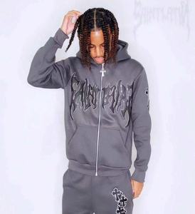 Personalizar los hombres Zip Up Poliéster Chándales Puff Impresión con diamantes de imitación Pantalón acampanado Chándal para hombres y mujeres - Product Image 2